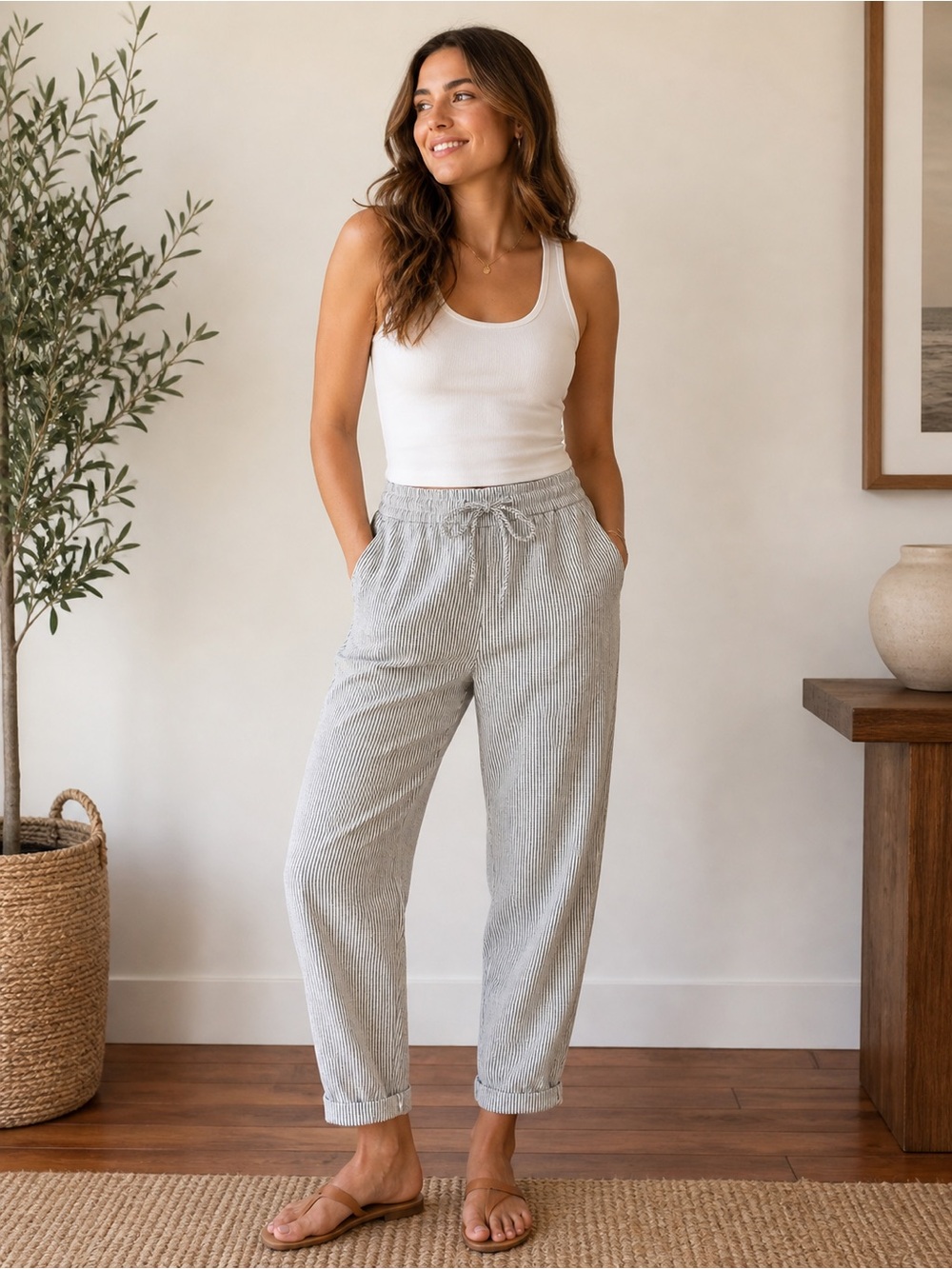 J. Crew Women's Straight Leg Drawstring Pants in Light Gray Pinstripe - Picture 1 of 8